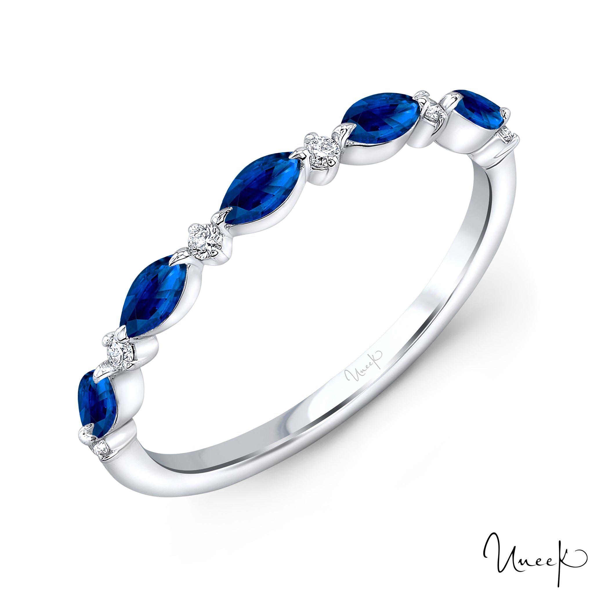 Uneek 14KW Marquise Shape Blue Sapphire Set East/West & Round Diamond Stackable Band