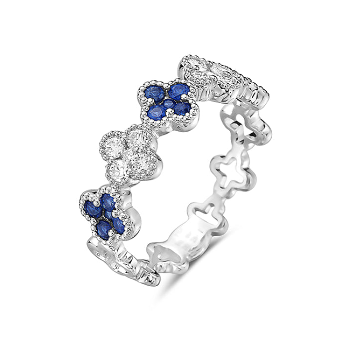 Hemsleys Collection 18K Clover Shape Round Blue Sapphire & Diamond Half Eternity Ring