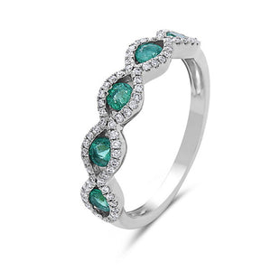 Hemsleys Collection 18K Five Stone Round Emerald & Diamond Oval Halo Half Eternity Ring