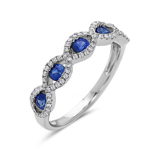 Hemsleys Collection 18K Five Stone Round Blue Sapphire & Diamond Oval Halo Half Eternity Ring