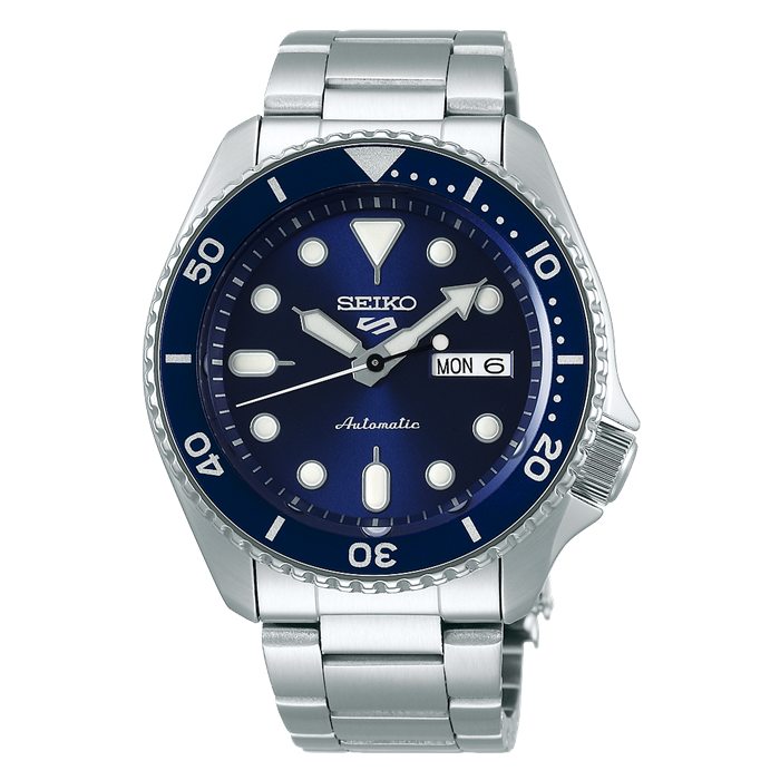 Mens 5 Sports Stainless Steel Blue Dial Watch Seiko