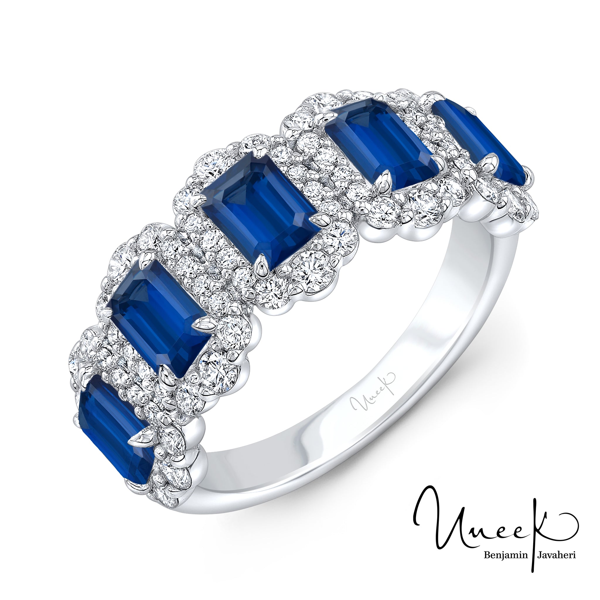 Uneek 18KW Five Stone Emerald Cut Blue Sapphire & Diamond Halo Ring
