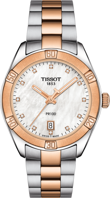 Tissot PR 100 Sport Chic Quartz (White MOP Diamond Dial / 36mm / Rose Gold Two-Tone)