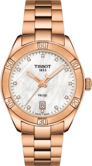 Tissot PR 100 Sport Chic Quartz White MOP Diamond Dial 36mm Rose Gold