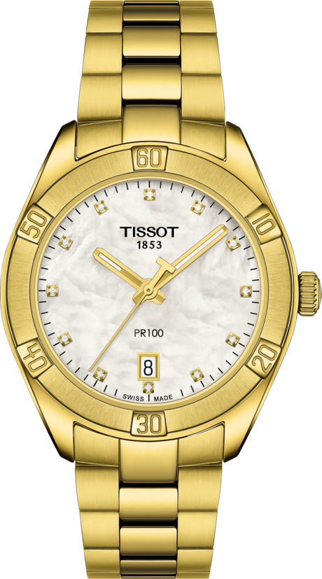 Tissot PR 100 Sport Chic Quartz (White MOP Diamond Dial / 36mm / Yellow Gold)