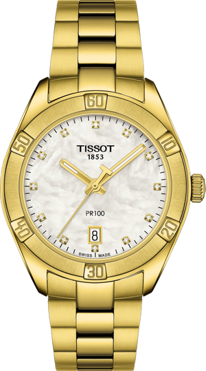 Tissot PR 100 Sport Chic Quartz (White MOP Diamond Dial / 36mm / Yellow Gold)