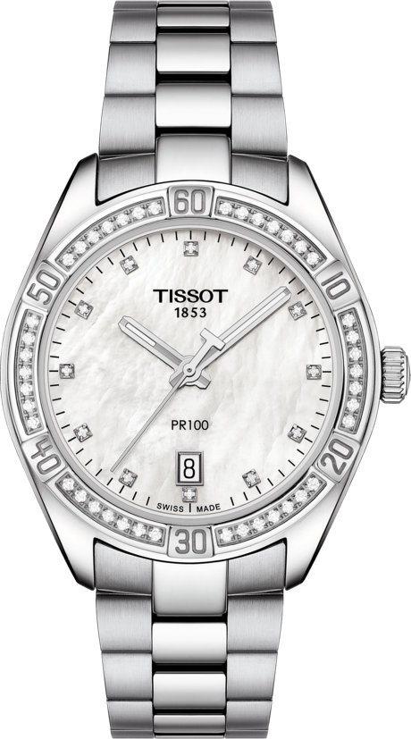 Tissot PR 100 Sport Chic Quartz (White MOP Diamond Dial / 36mm / Diamond Bezel)
