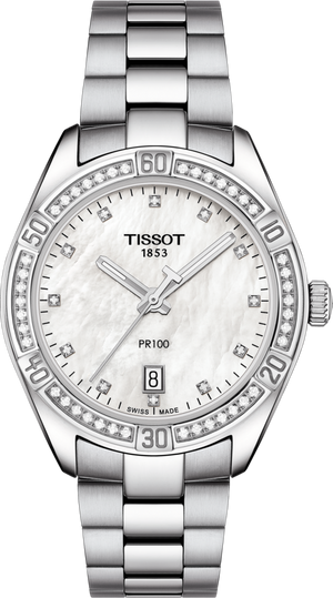 Tissot PR 100 Sport Chic Quartz (White MOP Diamond Dial / 36mm / Diamond Bezel)