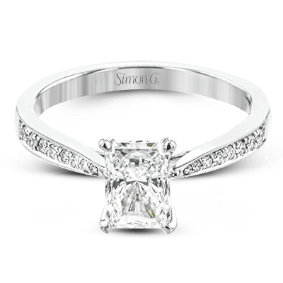 Simon G 18K Emerald Cut Diamond Engagement Ring with Diamond Pave Basket