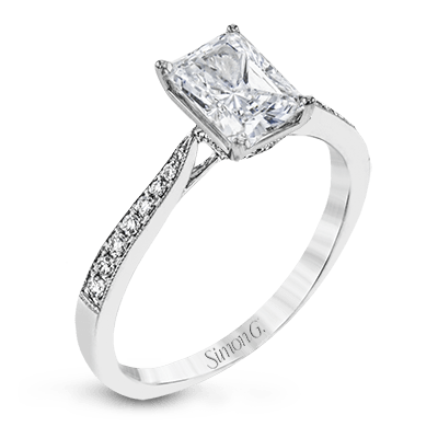 Simon G 18K Emerald Cut Diamond Engagement Ring with Diamond Pave Basket