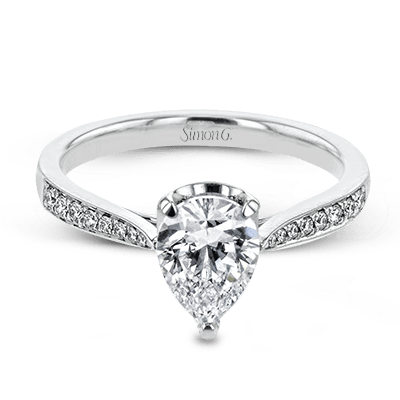 Simon G 18K Pear Shape Diamond Engagement Ring with Diamond Pave Basket