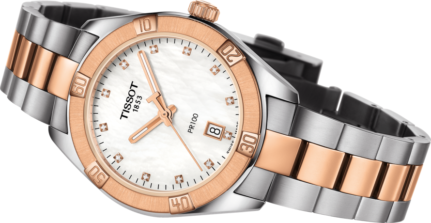 Tissot PR 100 Sport Chic Quartz (cadran blanc MOP Diamond / 36mm / bicolore or rose)
