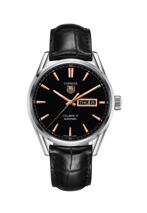 TAG Heuer Carrera Day-Date Automatic (Black & Rose Gold Dial / 41mm / Black Leather)